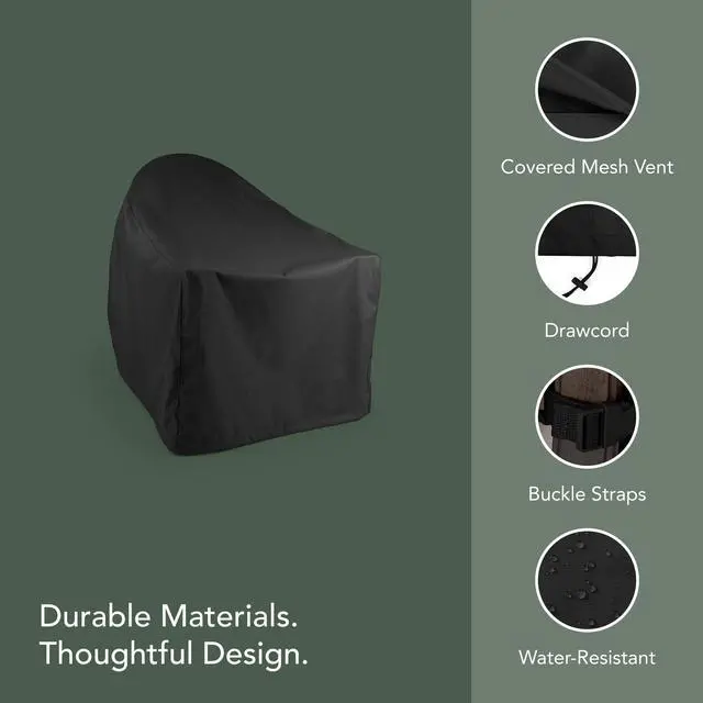 Alt view image 4 of 6 - Ultima Outdoor Adirondack Chair Cover 600D Heavy-Duty Waterproof Polyester Patio Chair Protector with Drawcord Hem, Buckle Straps & Covered Mesh Vent, 32W x 34D x 38H, Ripstop Black