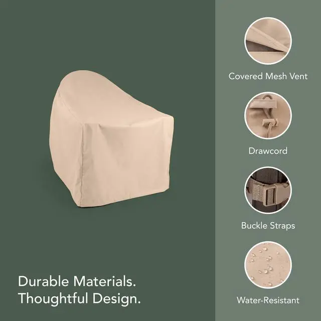 Alt view image 4 of 6 - Ultima Outdoor Adirondack Chair Cover 600D Heavy-Duty Waterproof Polyester Patio Chair Protector with Drawcord Hem, Buckle Straps & Covered Mesh Vent, 29W x 36D x 36H, Ripstop Tan