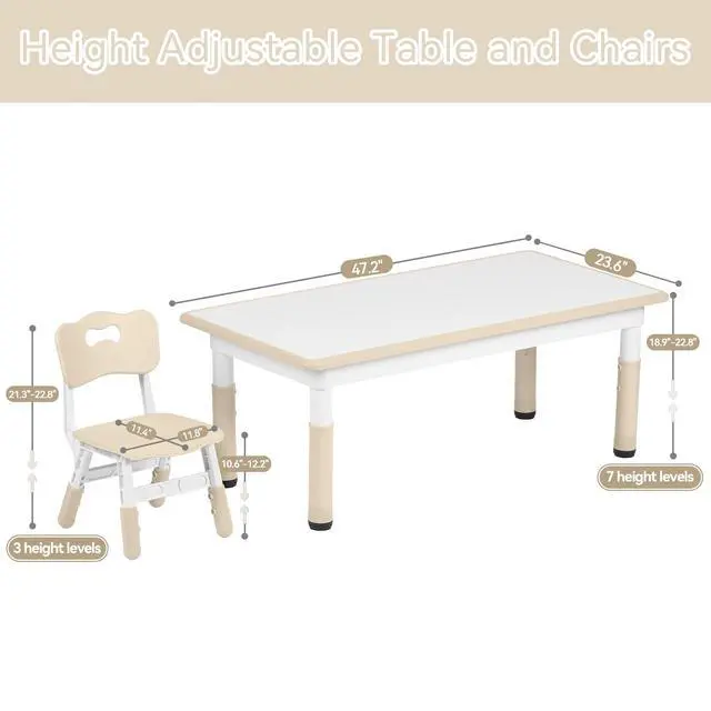 Alt view image 2 of 5 - Kids Table and 4 Chairs Set with Graffiti Desktop,Toddler Furniture for Kids Ages 3-8,Children Study Desk, Dining Table, Height Adjustable Desk, Painting Desktop,Gift for Boys Girls (Burlywood)