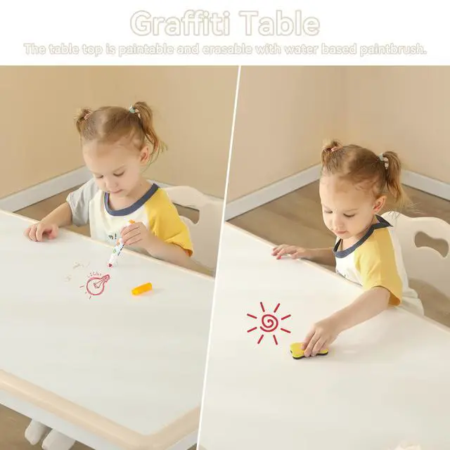 Alt view image 3 of 5 - Kids Table and 4 Chairs Set with Graffiti Desktop,Toddler Furniture for Kids Ages 3-8,Children Study Desk, Dining Table, Height Adjustable Desk, Painting Desktop,Gift for Boys Girls (Burlywood)