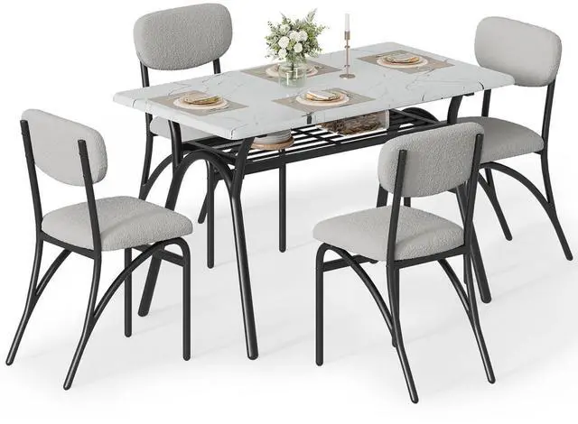 Main image of Modern 5-Piece Dining Table Set with Storage - 43.3" Kitchen Table & 4 Upholstered Chairs, Small Space Dining Furniture Set for Breakfast Nook, Apartment, Compact Homes