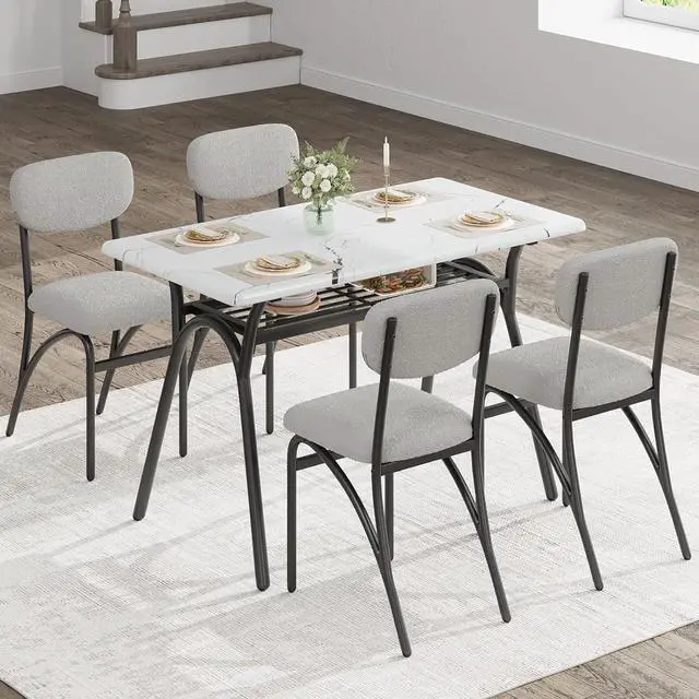 Alt view image 2 of 6 - Modern 5-Piece Dining Table Set with Storage - 43.3" Kitchen Table & 4 Upholstered Chairs, Small Space Dining Furniture Set for Breakfast Nook, Apartment, Compact Homes