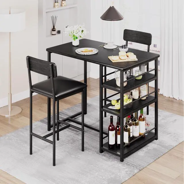 Main image of 3-Piece Bar Table Set for 2, Compact Dining Table Set with 3-Tier Storage Shelves, Space-Saving Breakfast Nook with 2 Upholstered Chairs, Suitable for Kitchen, Apartment, Bistro, Black