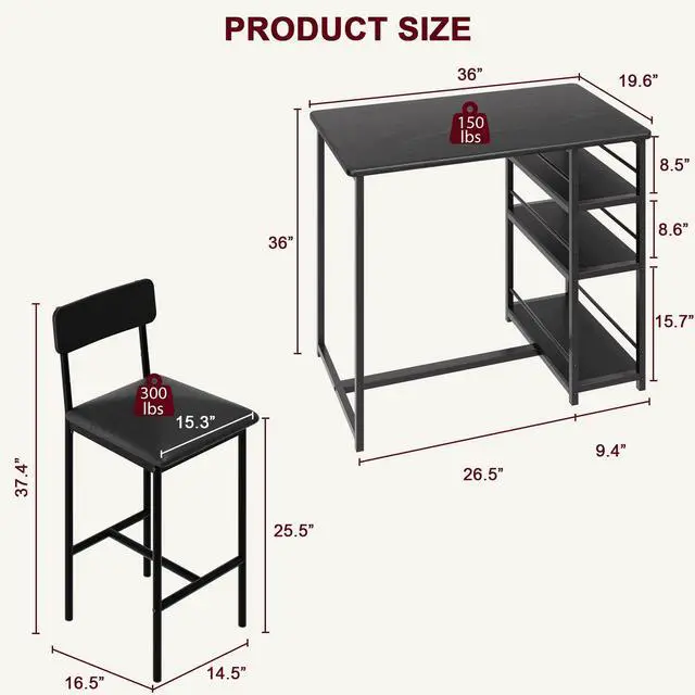 Alt view image 2 of 6 - 3-Piece Bar Table Set for 2, Compact Dining Table Set with 3-Tier Storage Shelves, Space-Saving Breakfast Nook with 2 Upholstered Chairs, Suitable for Kitchen, Apartment, Bistro, Black