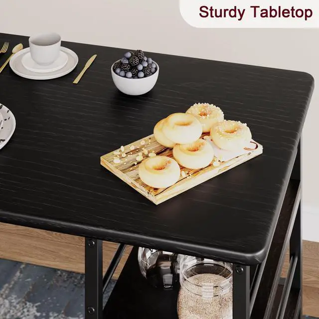 Alt view image 4 of 6 - 3-Piece Bar Table Set for 2, Compact Dining Table Set with 3-Tier Storage Shelves, Space-Saving Breakfast Nook with 2 Upholstered Chairs, Suitable for Kitchen, Apartment, Bistro, Black