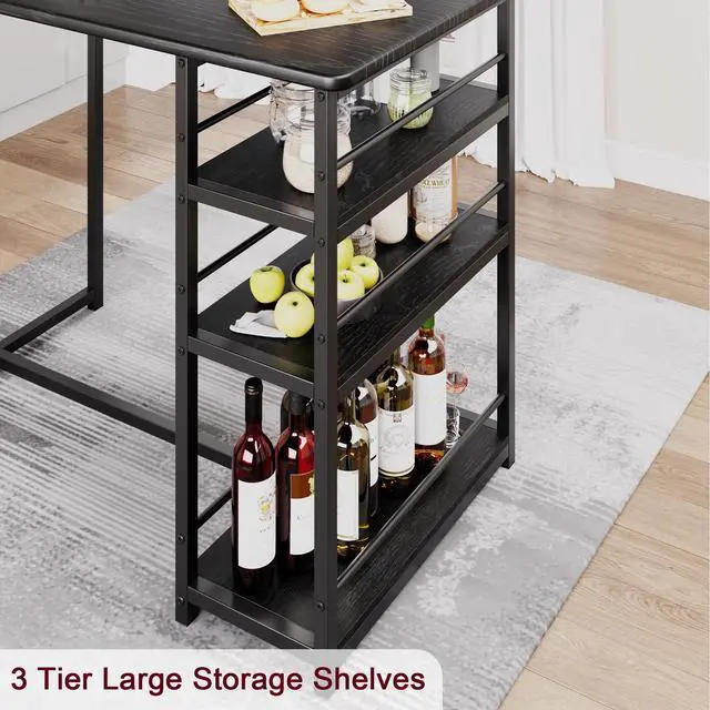 Alt view image 5 of 6 - 3-Piece Bar Table Set for 2, Compact Dining Table Set with 3-Tier Storage Shelves, Space-Saving Breakfast Nook with 2 Upholstered Chairs, Suitable for Kitchen, Apartment, Bistro, Black