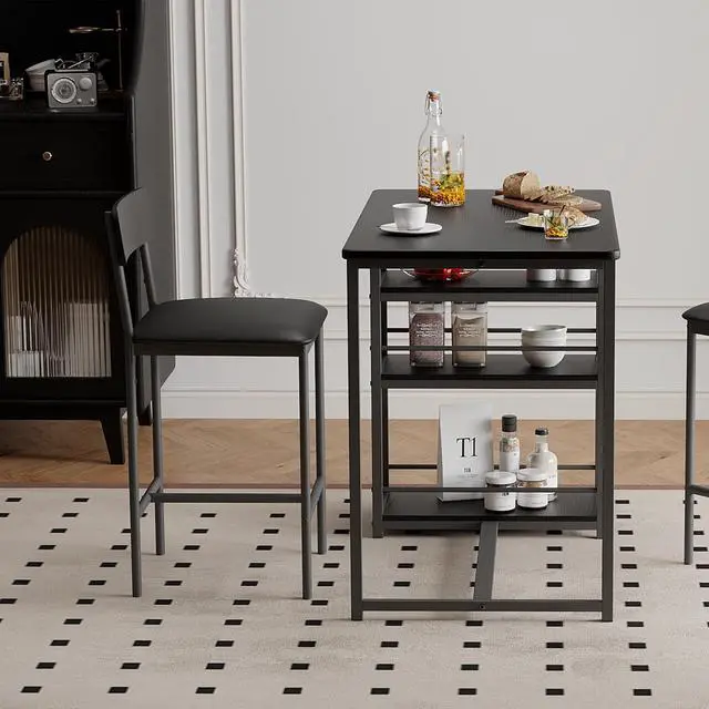 Alt view image 6 of 6 - 3-Piece Bar Table Set for 2, Compact Dining Table Set with 3-Tier Storage Shelves, Space-Saving Breakfast Nook with 2 Upholstered Chairs, Suitable for Kitchen, Apartment, Bistro, Black