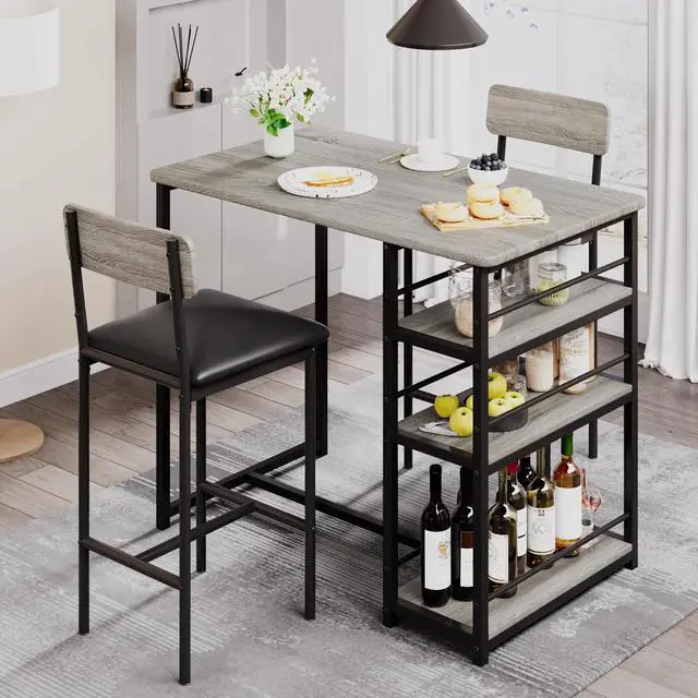 Main image of 3-Piece Bar Table Set for 2, Compact Dining Table Set with 3-Tier Storage Shelves, Space-Saving Breakfast Nook with 2 Upholstered Chairs, Suitable for Kitchen, Apartment, Bistro, Grey