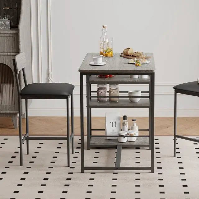 Alt view image 6 of 6 - 3-Piece Bar Table Set for 2, Compact Dining Table Set with 3-Tier Storage Shelves, Space-Saving Breakfast Nook with 2 Upholstered Chairs, Suitable for Kitchen, Apartment, Bistro, Grey