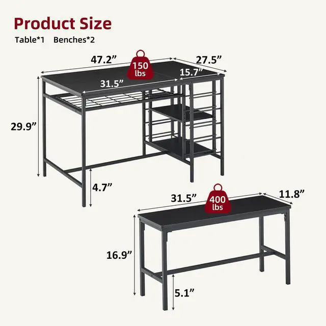 Alt view image 2 of 6 - Black Dining Table Set for 4, Kitchen Table with 2 Benches, Wine Rack and Storage Shelf, Rectangular Dining Room Table Set, for Small Space, Apartment, Dinette,Livingroom
