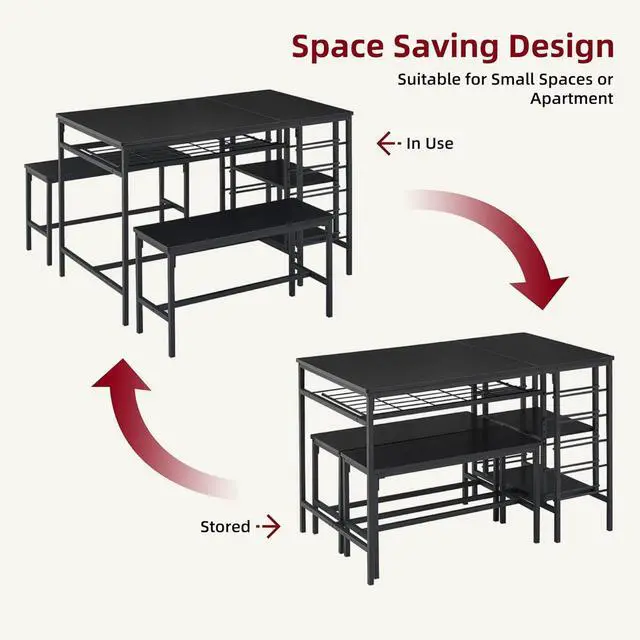 Alt view image 3 of 6 - Black Dining Table Set for 4, Kitchen Table with 2 Benches, Wine Rack and Storage Shelf, Rectangular Dining Room Table Set, for Small Space, Apartment, Dinette,Livingroom