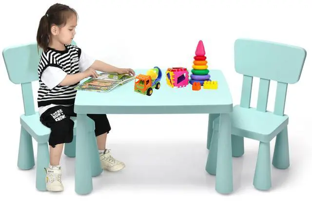 Main image of Kids Table and Chairs(2 Chairs Included), 3 Piece Lightweight Plastic Children Activity Table for Preschool, Kindergarten, Playroom, Easy Clean Toddler Furniture Set for Ages 1-7 (Green)
