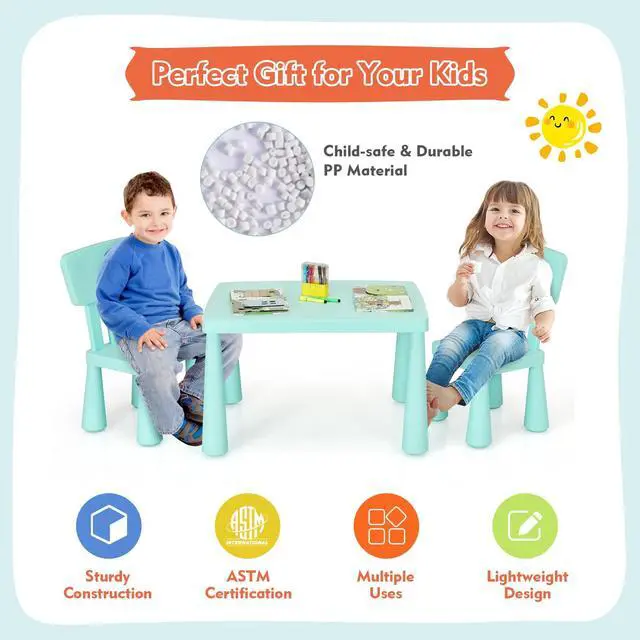 Alt view image 6 of 6 - Kids Table and Chairs(2 Chairs Included), 3 Piece Lightweight Plastic Children Activity Table for Preschool, Kindergarten, Playroom, Easy Clean Toddler Furniture Set for Ages 1-7 (Green)