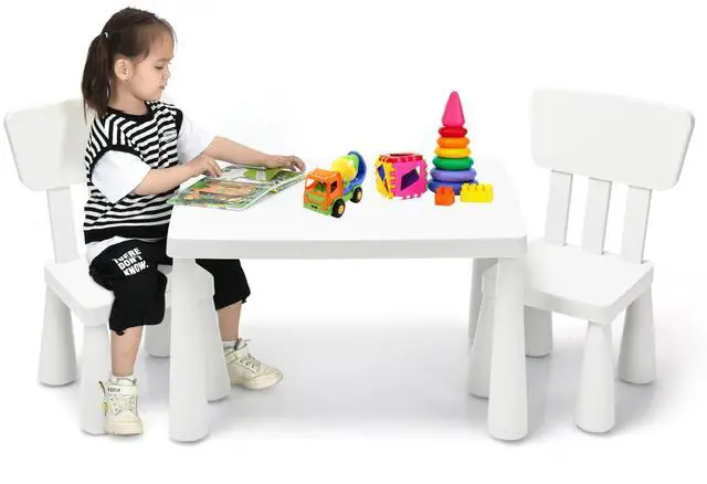 Main image of Kids Table and Chairs(2 Chairs Included), 3 Piece Lightweight Plastic Children Activity Table for Preschool, Kindergarten, Playroom, Easy Clean Toddler Furniture Set for Ages 1-7 (White)
