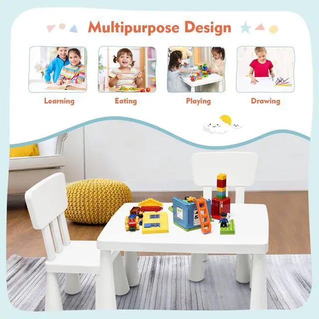 Alt view image 5 of 6 - Kids Table and Chairs(2 Chairs Included), 3 Piece Lightweight Plastic Children Activity Table for Preschool, Kindergarten, Playroom, Easy Clean Toddler Furniture Set for Ages 1-7 (White)