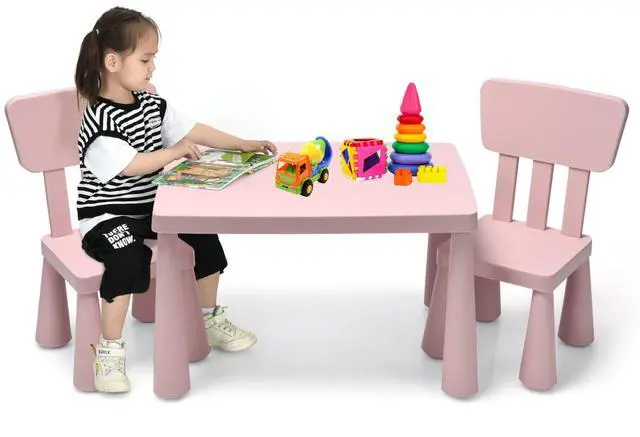 Main image of Kids Table and Chairs(2 Chairs Included), 3 Piece Lightweight Plastic Children Activity Table for Preschool, Kindergarten, Playroom, Easy Clean Toddler Furniture Set for Ages 1-7 (Pink)