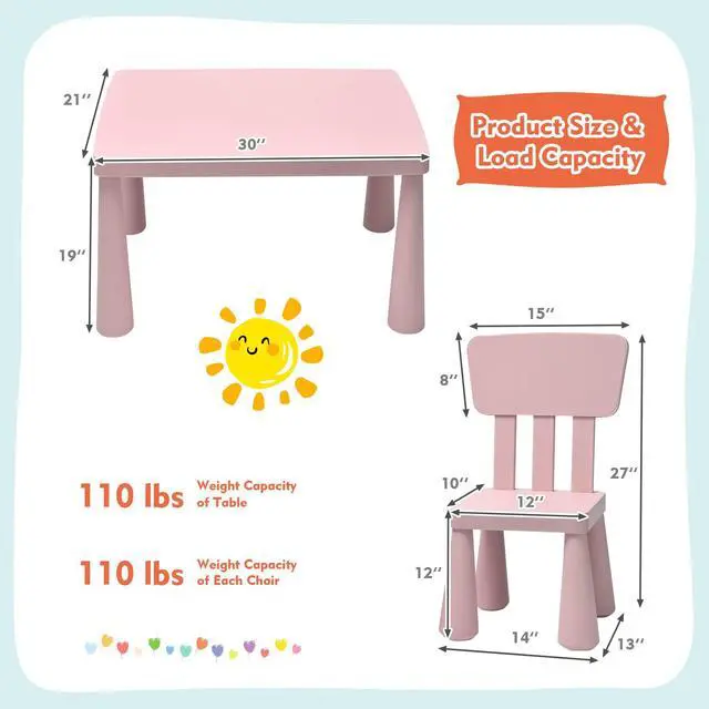 Alt view image 2 of 6 - Kids Table and Chairs(2 Chairs Included), 3 Piece Lightweight Plastic Children Activity Table for Preschool, Kindergarten, Playroom, Easy Clean Toddler Furniture Set for Ages 1-7 (Pink)
