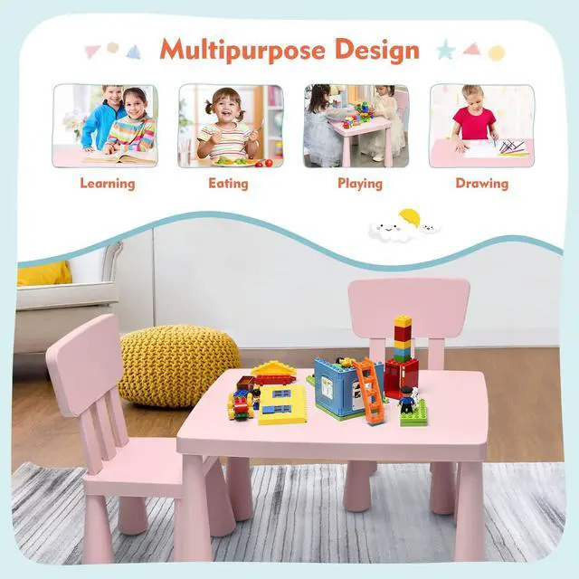 Alt view image 5 of 6 - Kids Table and Chairs(2 Chairs Included), 3 Piece Lightweight Plastic Children Activity Table for Preschool, Kindergarten, Playroom, Easy Clean Toddler Furniture Set for Ages 1-7 (Pink)