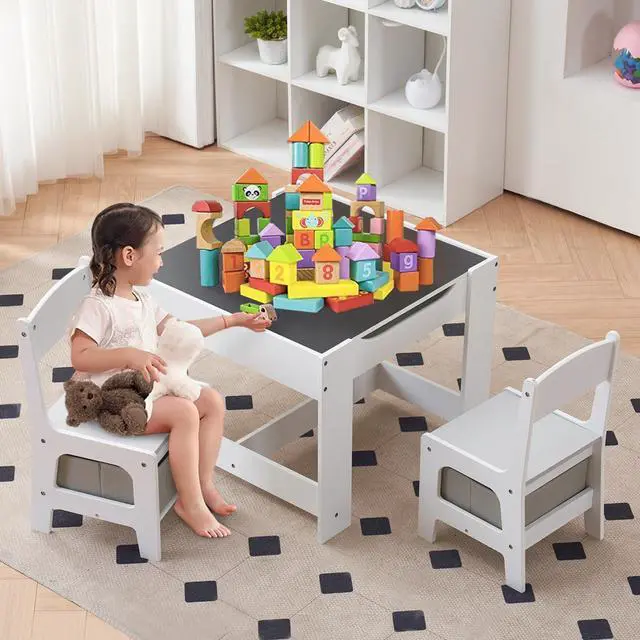Main image of 3 in 1 Toddler Table and Chair Set, Activity Table with Storage, Wood Kids Desk Chair for Kids 1-3 Years Old, Craft Table, Playroom, Living Room, Grayish-White