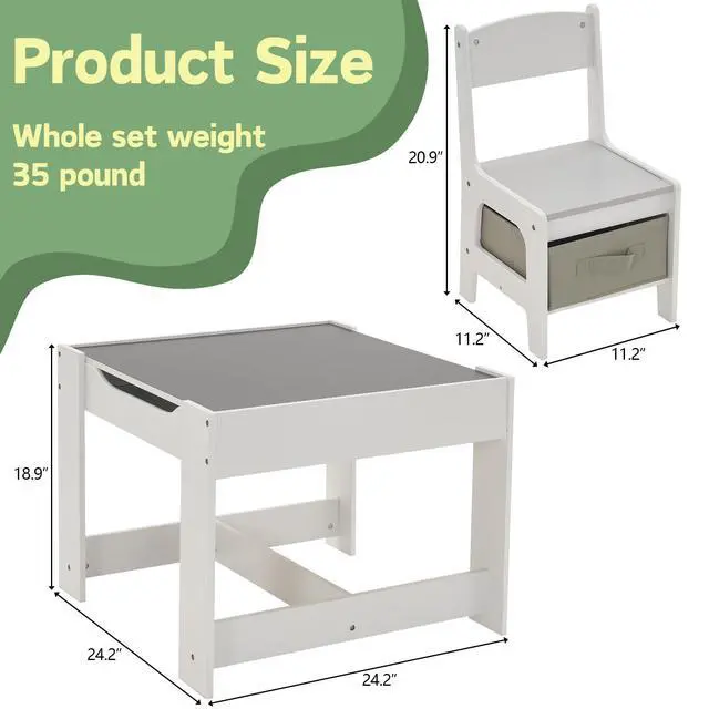 Alt view image 2 of 6 - 3 in 1 Toddler Table and Chair Set, Activity Table with Storage, Wood Kids Desk Chair for Kids 1-3 Years Old, Craft Table, Playroom, Living Room, Grayish-White