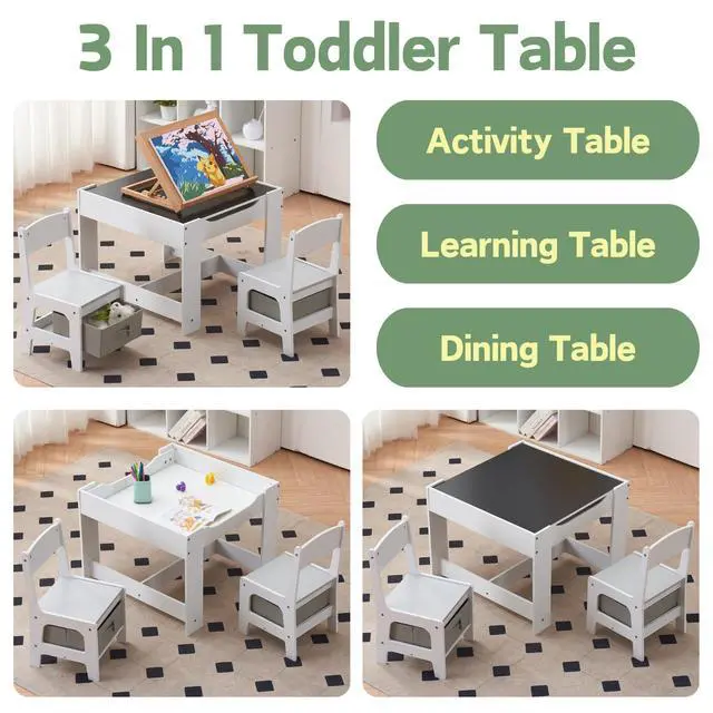 Alt view image 3 of 6 - 3 in 1 Toddler Table and Chair Set, Activity Table with Storage, Wood Kids Desk Chair for Kids 1-3 Years Old, Craft Table, Playroom, Living Room, Grayish-White