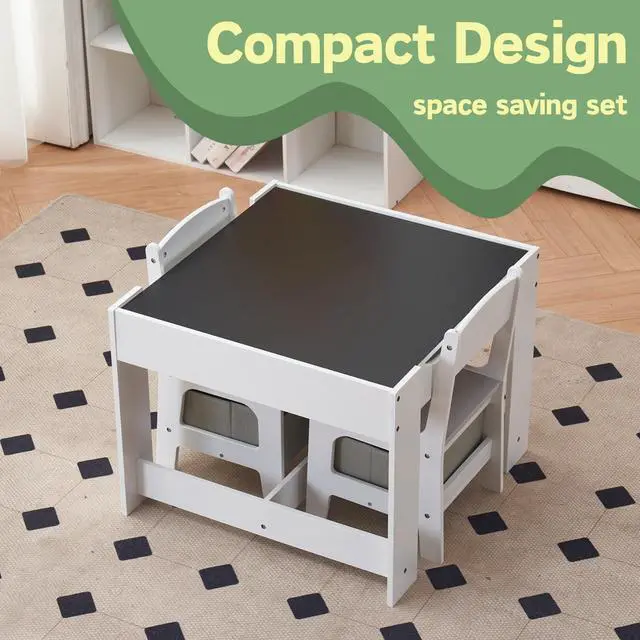 Alt view image 5 of 6 - 3 in 1 Toddler Table and Chair Set, Activity Table with Storage, Wood Kids Desk Chair for Kids 1-3 Years Old, Craft Table, Playroom, Living Room, Grayish-White
