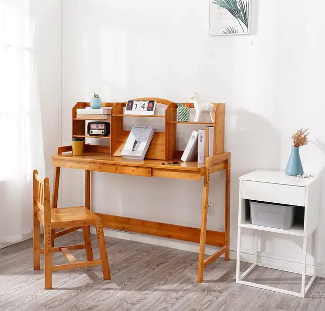 Alt view image 2 of 6 - Kids Desk and Chair Set, Height Adjustable Bamboo Study Desk with Storage Hutch and Bookshelf, Wooden Writing Table for Toddlers and Kids, Easy-Clean Surface, Natural (02)