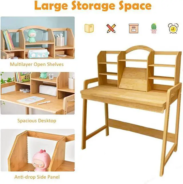 Alt view image 5 of 6 - Kids Desk and Chair Set, Height Adjustable Bamboo Study Desk with Storage Hutch and Bookshelf, Wooden Writing Table for Toddlers and Kids, Easy-Clean Surface, Natural (02)