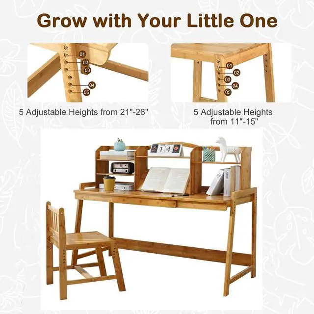 Alt view image 6 of 6 - Kids Desk and Chair Set, Height Adjustable Bamboo Study Desk with Storage Hutch and Bookshelf, Wooden Writing Table for Toddlers and Kids, Easy-Clean Surface, Natural (02)
