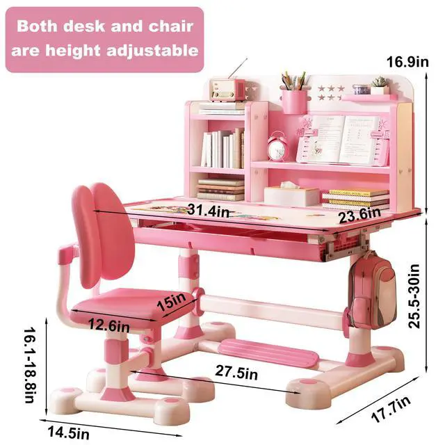 Alt view image 2 of 6 - Kids Study Desk with Chair Set, Height Adjustable Children School Study Table Chair Set with with Tilt Desktop, Ergonomic Desk Chair with Book Stand, Foot Pedal, Partition Design (Pink, Blue) Pink