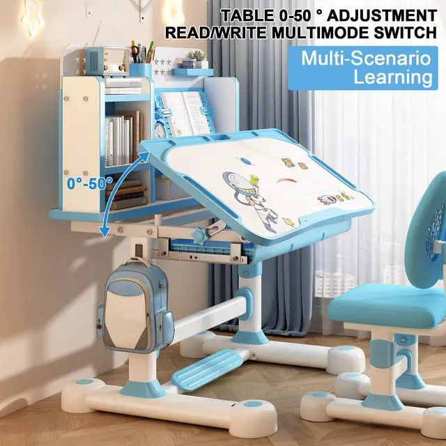 Alt view image 4 of 6 - Kids Study Desk with Chair Set, Height Adjustable Children School Study Table Chair Set with with Tilt Desktop, Ergonomic Desk Chair with Book Stand, Foot Pedal, Partition Design (Pink, Blue) Pink