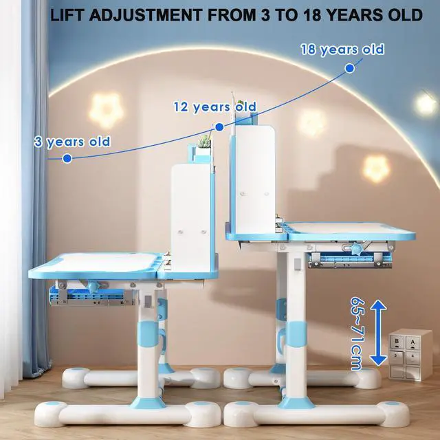 Alt view image 5 of 6 - Kids Study Desk with Chair Set, Height Adjustable Children School Study Table Chair Set with with Tilt Desktop, Ergonomic Desk Chair with Book Stand, Foot Pedal, Partition Design (Pink, Blue) Pink