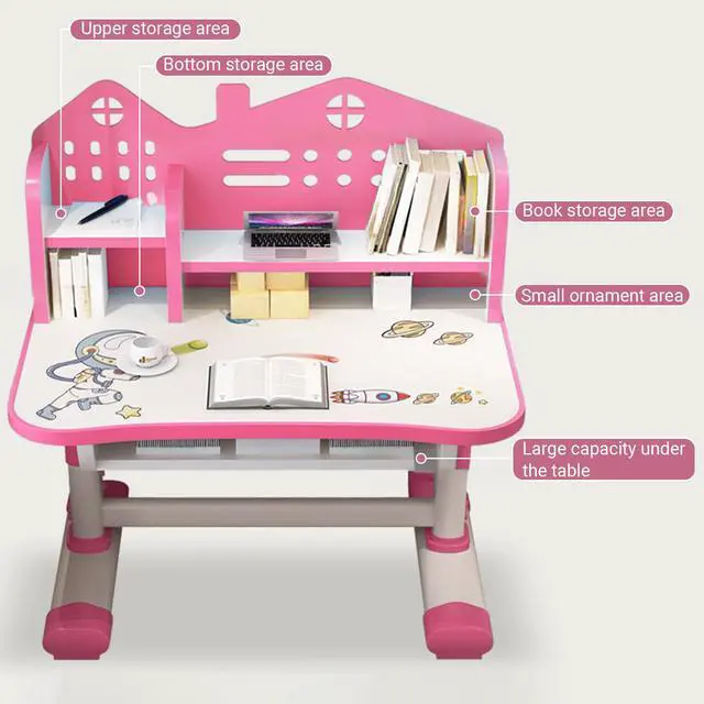 Alt view image 5 of 6 - Kids Desk and Chair Set, Adjustable Height Kids Desk with Storage and Drawers Girls Desk Pink Writing Reading Drawing