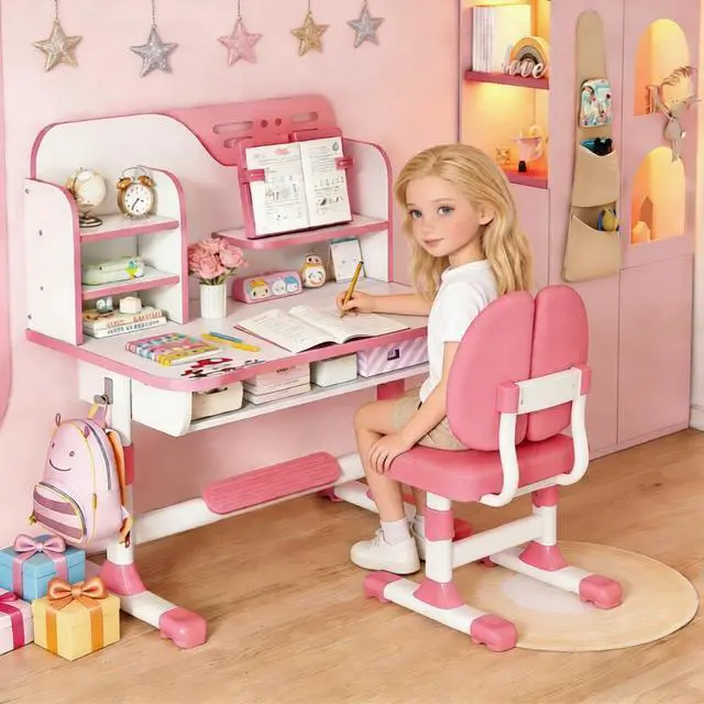 Main image of Kids Desk and Chair Set,Height Adjustable School Study Study Table Chair Set with Astronaut Pattern, Ergonomic Desk Chair with Large Writing Board, Bookshelf and Drawer Pink