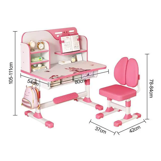 Alt view image 4 of 6 - Kids Desk and Chair Set,Height Adjustable School Study Study Table Chair Set with Astronaut Pattern, Ergonomic Desk Chair with Large Writing Board, Bookshelf and Drawer Pink