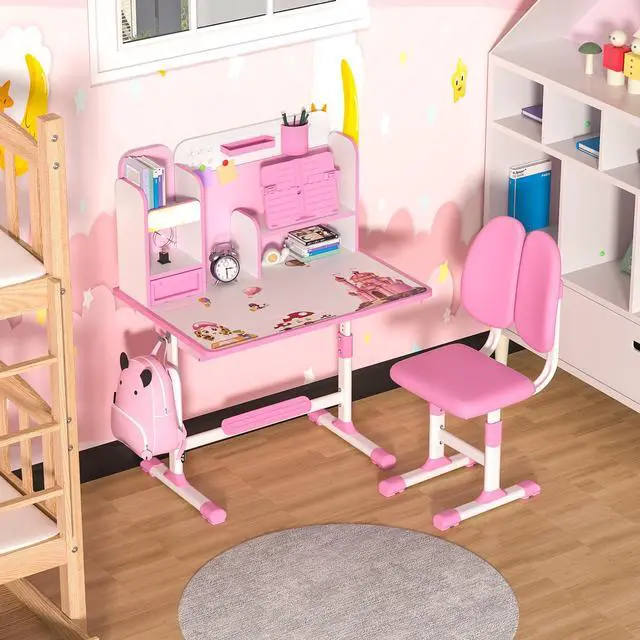 Alt view image 2 of 6 - Kids Desk and Chair Set,Teenager Study Table and Chair Set Ergonomic Child Student Desk Height Adjustable Children School Desk with Storage Drawer Book Stand Sitting Posture Corrector Pink