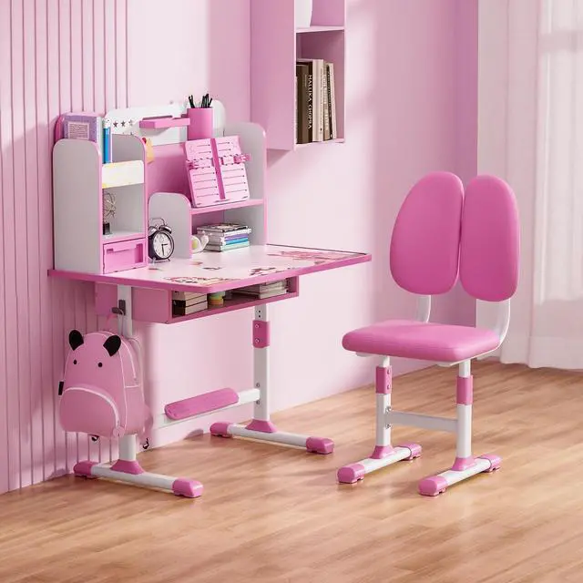 Alt view image 3 of 6 - Kids Desk and Chair Set,Teenager Study Table and Chair Set Ergonomic Child Student Desk Height Adjustable Children School Desk with Storage Drawer Book Stand Sitting Posture Corrector Pink