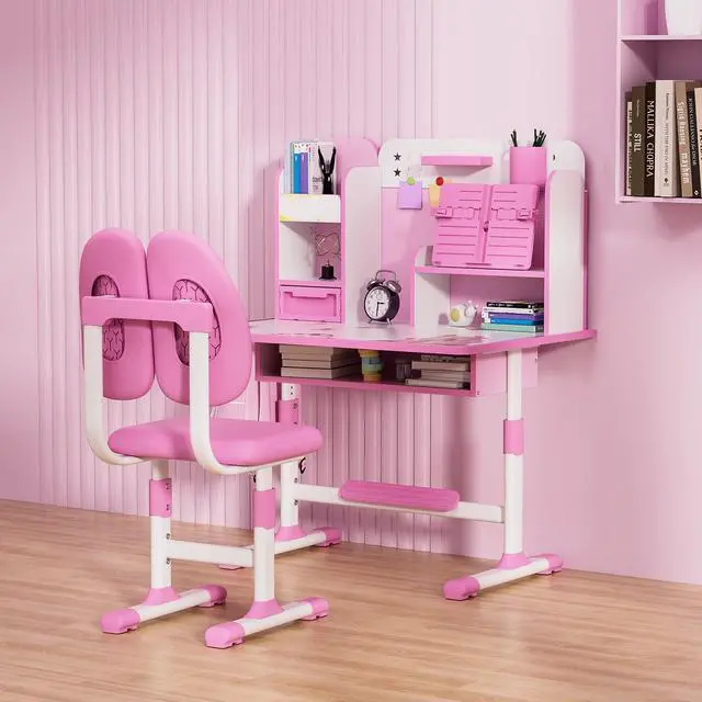 Alt view image 4 of 6 - Kids Desk and Chair Set,Teenager Study Table and Chair Set Ergonomic Child Student Desk Height Adjustable Children School Desk with Storage Drawer Book Stand Sitting Posture Corrector Pink