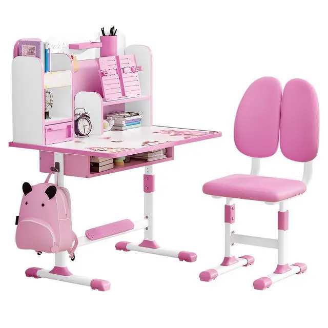 Alt view image 5 of 6 - Kids Desk and Chair Set,Teenager Study Table and Chair Set Ergonomic Child Student Desk Height Adjustable Children School Desk with Storage Drawer Book Stand Sitting Posture Corrector Pink