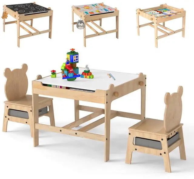 Main image of Kids Table and Chairs, Children Wooden Activity Set with Double-Sided Whiteboard/Chalkboard, Storage, for Art, Craft, Drawing, Reading, Gift for Toddlers 3+ Years Old (23.5" x 23.5" x 20.5")