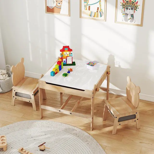 Alt view image 2 of 6 - Kids Table and Chairs, Children Wooden Activity Set with Double-Sided Whiteboard/Chalkboard, Storage, for Art, Craft, Drawing, Reading, Gift for Toddlers 3+ Years Old (23.5" x 23.5" x 20.5")