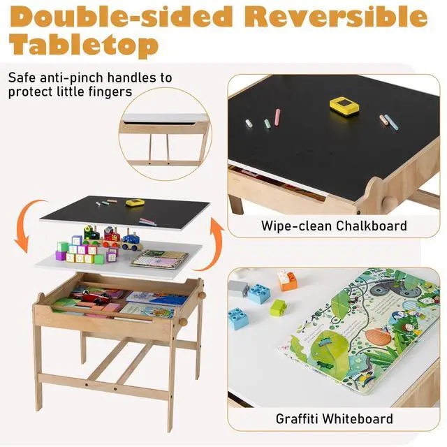 Alt view image 3 of 6 - Kids Table and Chairs, Children Wooden Activity Set with Double-Sided Whiteboard/Chalkboard, Storage, for Art, Craft, Drawing, Reading, Gift for Toddlers 3+ Years Old (23.5" x 23.5" x 20.5")