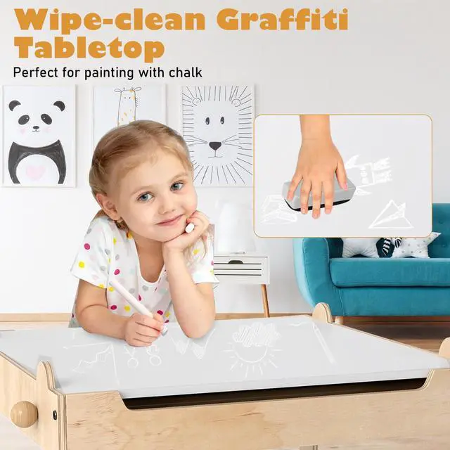 Alt view image 4 of 6 - Kids Table and Chairs, Children Wooden Activity Set with Double-Sided Whiteboard/Chalkboard, Storage, for Art, Craft, Drawing, Reading, Gift for Toddlers 3+ Years Old (23.5" x 23.5" x 20.5")