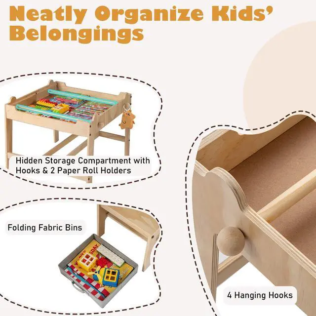 Alt view image 5 of 6 - Kids Table and Chairs, Children Wooden Activity Set with Double-Sided Whiteboard/Chalkboard, Storage, for Art, Craft, Drawing, Reading, Gift for Toddlers 3+ Years Old (23.5" x 23.5" x 20.5")