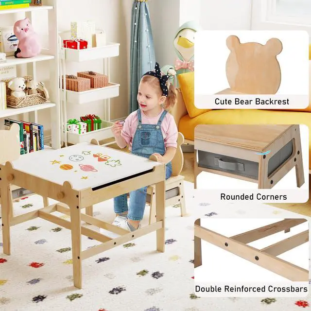 Alt view image 6 of 6 - Kids Table and Chairs, Children Wooden Activity Set with Double-Sided Whiteboard/Chalkboard, Storage, for Art, Craft, Drawing, Reading, Gift for Toddlers 3+ Years Old (23.5" x 23.5" x 20.5")