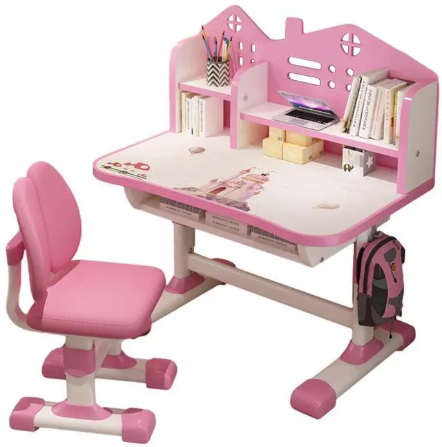 Main image of Kids Desk and Chair Set Multi Bookstand Widened Desktop Desk Chair Set Cartoon Pattern Kids Adjustable Height Study Drawer Table with Chairs Pink