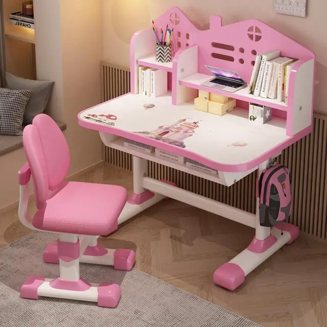 Alt view image 2 of 6 - Kids Desk and Chair Set Multi Bookstand Widened Desktop Desk Chair Set Cartoon Pattern Kids Adjustable Height Study Drawer Table with Chairs Pink