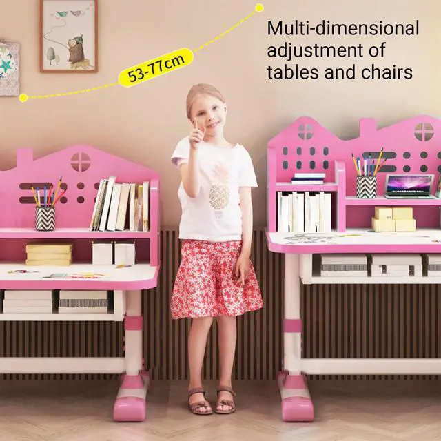 Alt view image 3 of 6 - Kids Desk and Chair Set Multi Bookstand Widened Desktop Desk Chair Set Cartoon Pattern Kids Adjustable Height Study Drawer Table with Chairs Pink
