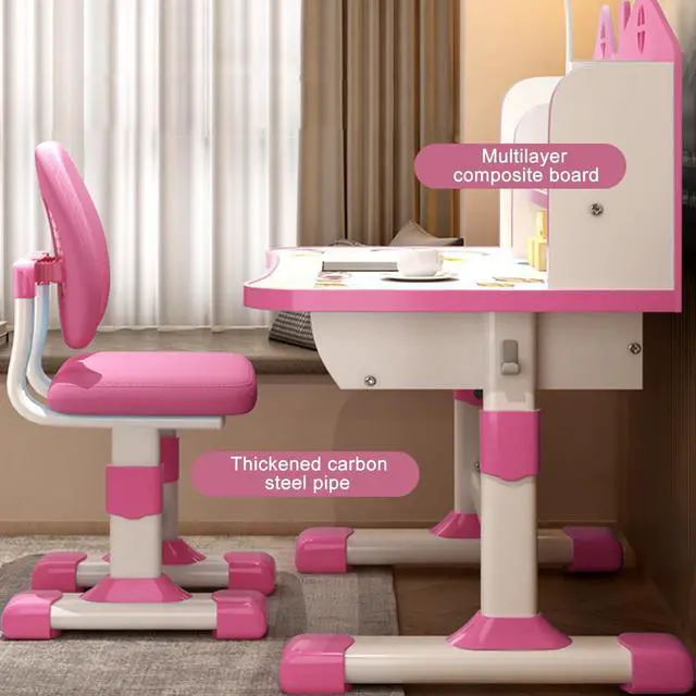Alt view image 5 of 6 - Kids Desk and Chair Set Multi Bookstand Widened Desktop Desk Chair Set Cartoon Pattern Kids Adjustable Height Study Drawer Table with Chairs Pink