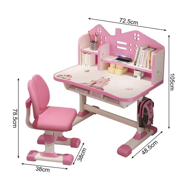 Alt view image 6 of 6 - Kids Desk and Chair Set Multi Bookstand Widened Desktop Desk Chair Set Cartoon Pattern Kids Adjustable Height Study Drawer Table with Chairs Pink